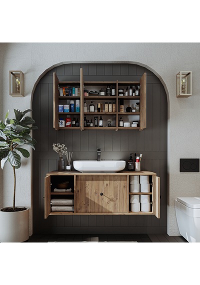 Oval Lavabolu Mat Mdf 120 Cm Banyo Alt Dolabı + Aynalı Dolap Atl Atlantik Çam