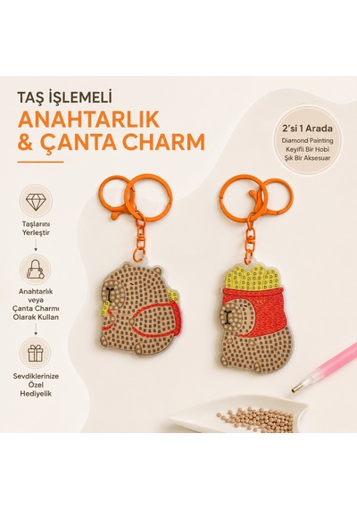 5d Elmas Taş İşlemeli Anahtarlık & Çanta Charmı 2'li Set 5x6 Cm Diamond Painting Keychain & Bag Charm Bkbt17859