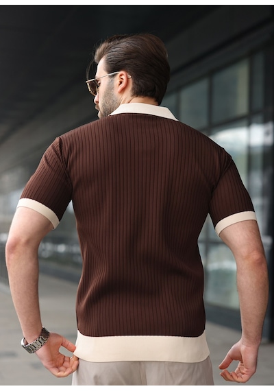 Madmext Kahverengi Polo Yaka Triko Erkek Tişört E7471 Kahverengi