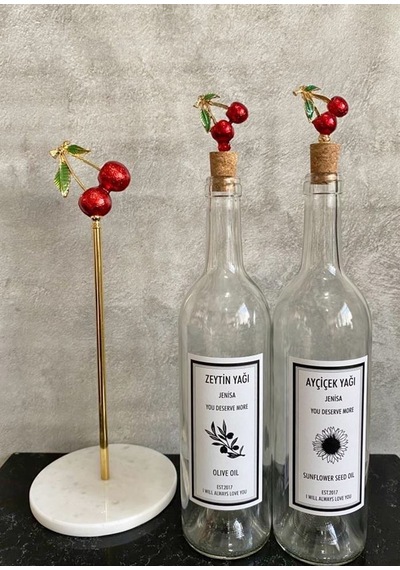 Şeffaf 750 Ml Cam Kiraz Mantar Tıpalı Etiketli Yağdanlık Mermer K