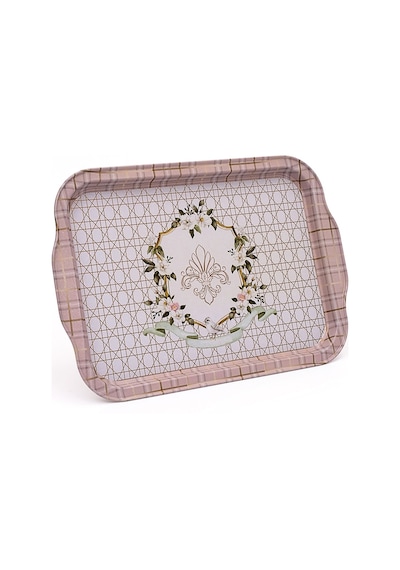 Rosy Desenli Kulplu Metal Tepsi, 21 X 31 Cm