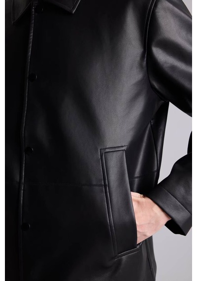 Defacto Regular Fit Çıtçıtlı Siyah Erkek Deri Mont H2233ax/bk27