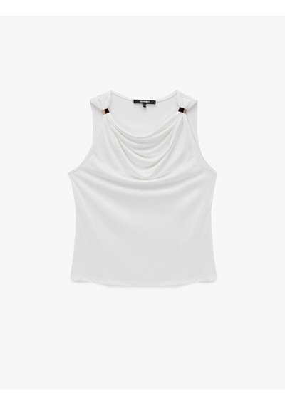 Koton Slim Fit Metal Aksesuarlı Drapeli Viskon Degaje Yaka Kolsuz Bluz Beyaz 7wak10149ek