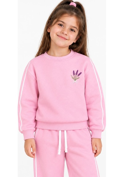 Rony Pony Kids 3 İplik Şardonlu Lavanta Detaylı Beyaz Biyeli Pembe Kız Çocuk Eşofman Takımı