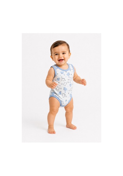 Rkek Bebek Dinozor Desenli Atlet Body Yazlık Pamuklu Çıtçıtlı Bebek Zıbını Mavi
