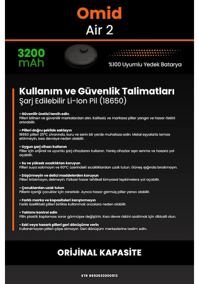 Omid Air 2 Uyumlu 3200mah Robot Süpürge Bataryası  Kapasite