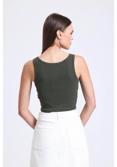 Hiccup Kare Yaka Fitilli Düğmeli Askılı Tank Top Haki Yeşil