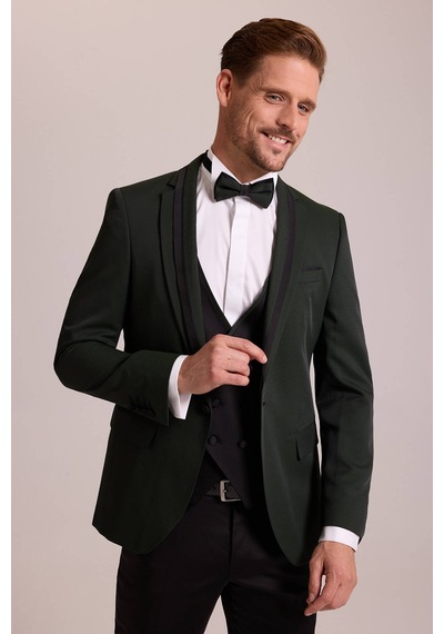 Ysf Erkek Yeşil Slim Fit Şal Yaka Yelekli Damatlık
