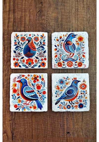Doğal Taş Bardak Altlığı 4'lü Set 10x10x1 Cm Renkli Kuş Desenleri-stone Coasters Çok Renkli