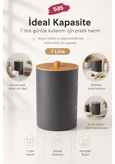 Sas Haus Bambu Desen Kapaklı Plastik Çöp Kovası 7 Litre Antrasit Mutfak Banyo Çöp Kovası Antrasit Gri