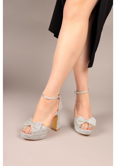 Jelly Taşlı Fiyonklu Platform Topuklu Ayakkabı Gümüş-8012 Gümüş