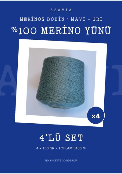 Asavia Merinos Bobin Örgü İpi 4'lü Set 4 X 100 Gr %100 Merino Yünü Mavi - Gri