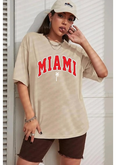 Unisex Miami Baskılı Tasarım Tshirt Bej