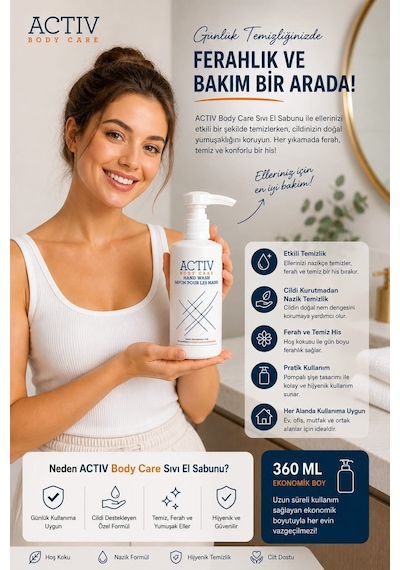 Actıv Body Care Nemlendirici Sıvı El Sabunu 360 Ml Günlük Kullanım İçin El Yıkama Sabunu