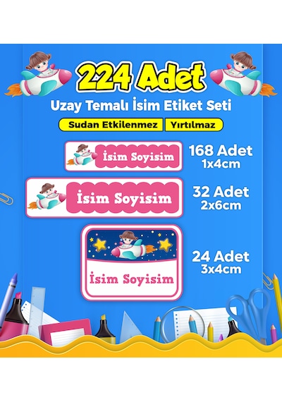 Uzay Temalı Okul Kreş Kişiye Özel İsim Etiket Seti - Model 50 Çok Renkli
