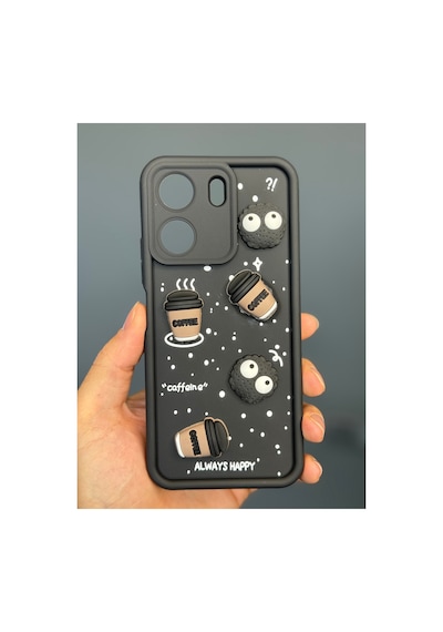 Fibaks Redmi 13c-poco C65 Uyumlu Kılıf Tasarımlı Desenli Kamera Korumalı Coffee Kurabiye Siyah Yumuşak Silikon Kapak