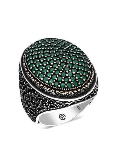 Premium 925 Ayar Gümüş Yeşil Zirkon Taşlı Oval Erkek Yüzük - 23 Ölçü
