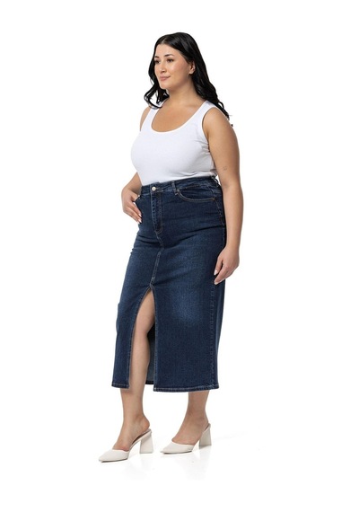 Disentis Büyük Beden Önden Yırtmaç Detaylı Beş Cepli Midi Denim Lacivert Etek-lacivert Lacivert