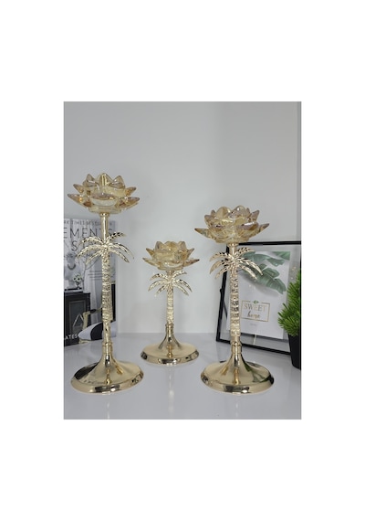 Chacha Home 3'lü Palmiye Gold Şamdan Gold