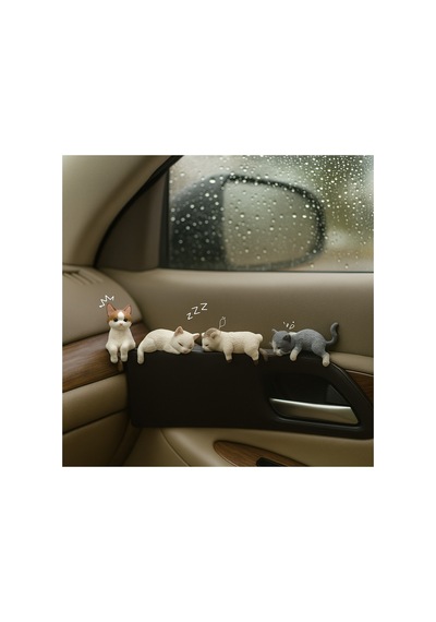 Mini Kedi Takımı - 4 Lü Araç İçi Torpido Dekor Seti Aksesuar Çift Taraflı Bantlı