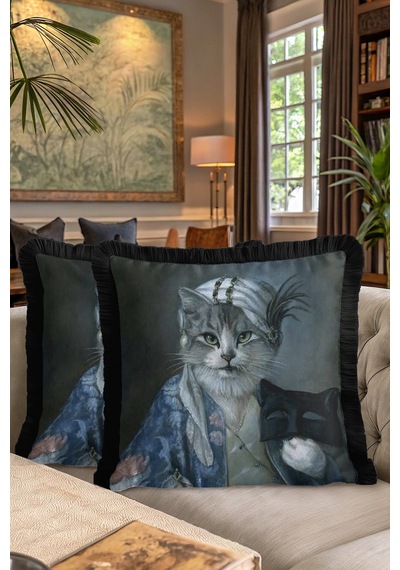 Avangart Kedi Portresi Saçaklı Yastık Kılıfı - Maskeli Figür Nostaljik Siyah Püsküllü Kırlent Kılıfı Tozlu Okyanus Taba Avangart Kedi Portresi Saçaklı Yastık Kılıfı - Maskeli Figür Nostaljik Siyah Püsküllü Kırlent Kılıfı Tozlu Okyanus Taba