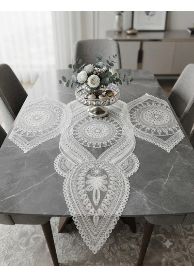 3 Lü Set Gümüş Renkli Dantel Detaylı Runner