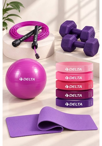 Pilates Egzersiz Seti 6 Mm Mat 5 Li Lateks Direnç Bandı 20 Cm Top Atlama İpi 1 Kg X2 Dambıl Mor