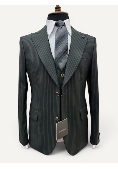 Hermose Sartorial Zümrüt Yeşili Çizgili Yelekli Takım Elbise Yeşil