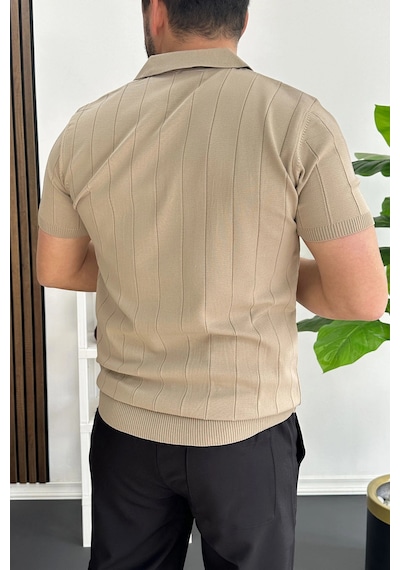 Erkek Slim Fit Fermuarlı Polo Yaka Tişört Vizon Edw452 Vizon