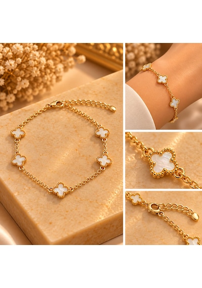 Beyaz Yonca Model Bileklik Paslanmaz Çelik Gold