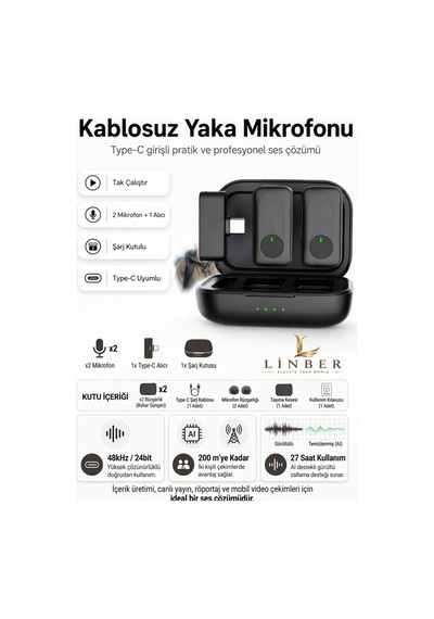 Siyah Kablosuz Yaka Mikrofonu Type-c Girişli Şarj Kutulu 2 Verici 1 Alıcı 48khz 24bit Gürültü Engellemeli. Siyah Siyah