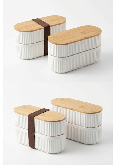 Makri Home 2 Adet 2'li Bambu Kapaklı Saklama Ve Beslenme Kutusu 2 Katlı, 20 X 9 X 5,5 Cm Şeffaf