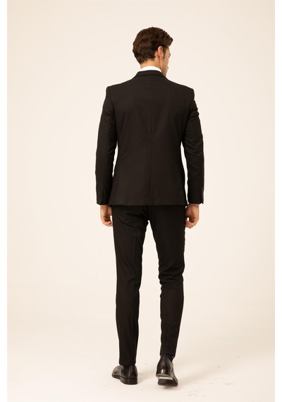 Süvari Siyah Slim Fit Düz Sivri Yaka 6 Drop Klasik Takım Elbise