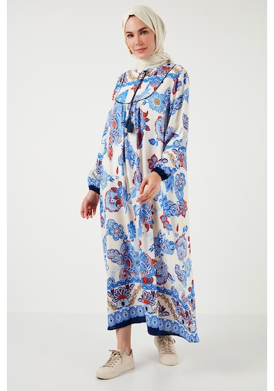 Lela Modest Desenli Regular Fit Bağlamalı V Yaka Maxi Bayan Elbise 611El510 Lacivert