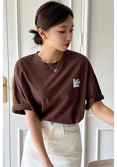 Unisex Life Baskılı T-shirt Kahverengi