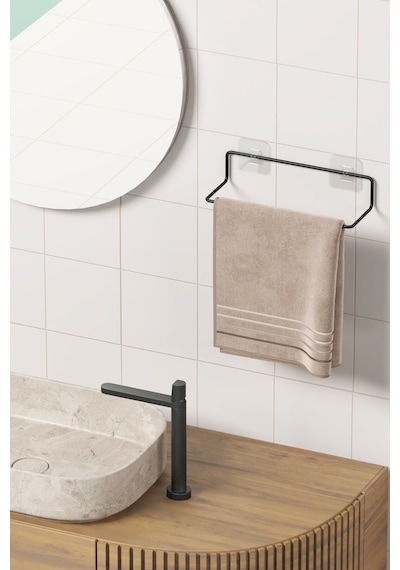 Zabata Yapışkanlı Havluluk Siyah Havlu Askısı Metal Havlu Tutacağı Banyo Mutfak Havluluğu Minimal Tasarım Siyah