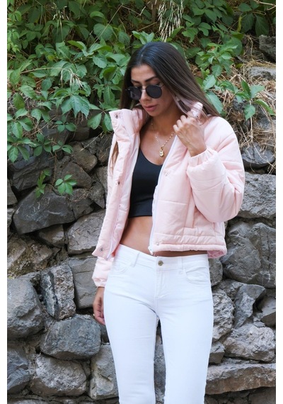 Keyifli Moda Kadın Pudra Dik Yaka Çıtçıtlı Fermuarlı Kısa Şişme Mont - 40 Pudra