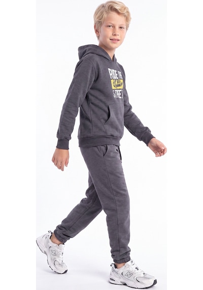 Fyk Kids Erkek Çocuk Baskılı Kanguru Cepli Kapüşonlu Eşofman Takımı Füme