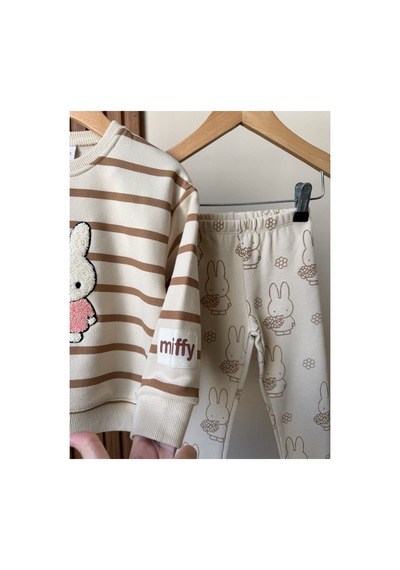 Lucco Tavşanlı Sweatshirt Tayt Kız Çoçuk %100 Cotton Takım Bej