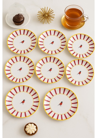 Grandora Kuş Desenli Pembe Çizgili 6 Lı Pasta Ve Tatlı Tabağı Seti 20 Cm Modern Ve Şık Sunum Tabakları Kırmızı