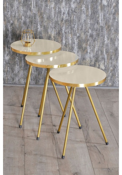 Zigon Sehpa Ve Orta Sehpa Elips Gold Metal Ayak Gold Krem Set Diğer