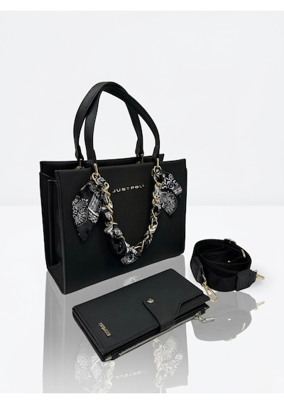 Just Polo Kadın Gold Zincirli Şal Detaylı Şık El & Omuz Çantası Ve Cüzdanı Kombin Shopper Ebat: 20 X 25 Cm Siyah