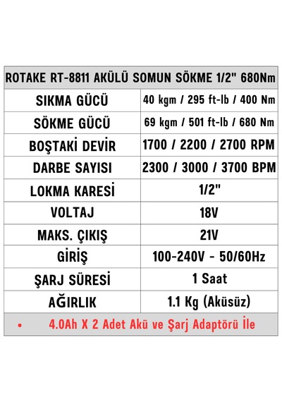 Rotake RT-8811 1/2'' 680 NM Akülü Somun Sökme