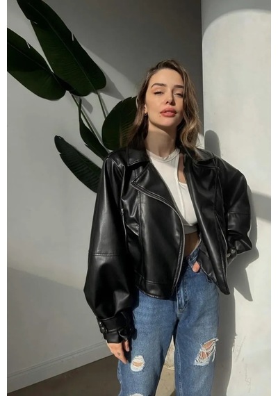 Laleli Butik Kadın Acı Kahve Oversize Deri Ceket Acı Kahve Acı Kahve