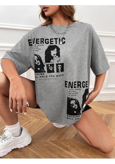 Flood Of Style Kadın Gri Energetic Baskılı Oversize