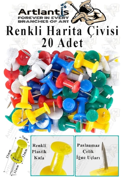 Harita Çivisi Renkli 20 Li 1 Paket Renkli Plastik Mantar Pano Raptiyesi Pano İğnesi Ofis Okul Büro Renkli Harita Çivisi