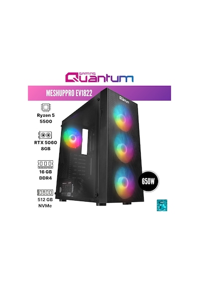 Quantum Gaming Meshuppro EV1822 R5-5500 16 GB 512 GB 8 GB RTX5060 Dos Masaüstü Oyuncu Bilgisayarı