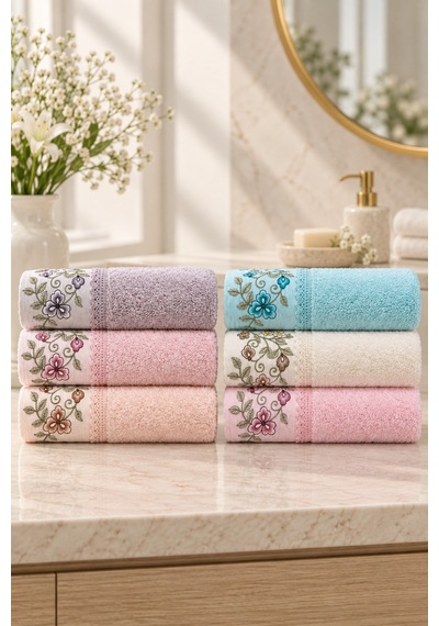 Bahar Dalı Çiçek Nakışlı El Yüz Havlusu 50x90 Cm 6 Lı Set %100 Pamuk - Çok Renkli