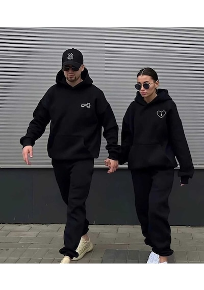 Nzn Collectıon Unisex Kadın Erkek Sevgili Çift Kombini Anahtar Kalp Baskılı Kapüşonlu Alt-üst Eşofman Takımı 2'li Siyah