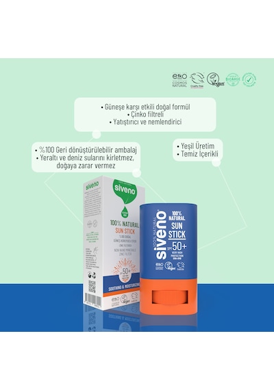 Siveno 100% Doğal Stick Güneş Koruyucu Mineral Filtreli Renkli Ton Eşitleyici Hassas Uva Uvb Spf50+ 15 G
